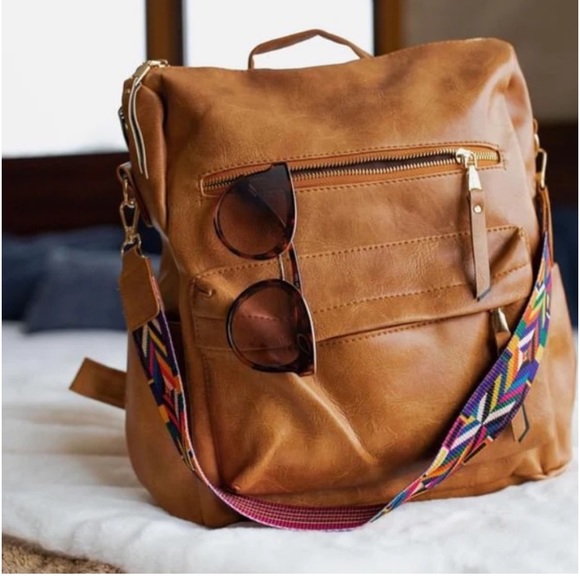 Brown Soft Vegan Leather Bohemian Aztec Chic Backpack Bag southwestern Bookbag - Picture 4 of 4